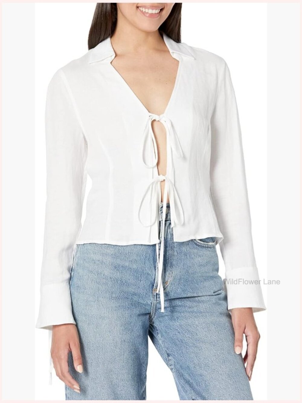 Lace Up Bell Sleeve Blouse - V-Neck Long Sleeve Tunic